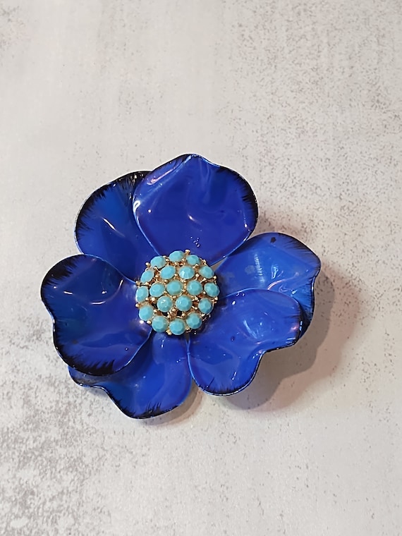 Blue ENAMEL FLOWER Vintage Pin Brooch Flower Power