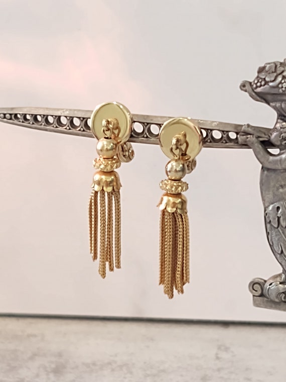 Vtg MONET Dangle Tassel Earrings Signed Gold Tone… - image 1