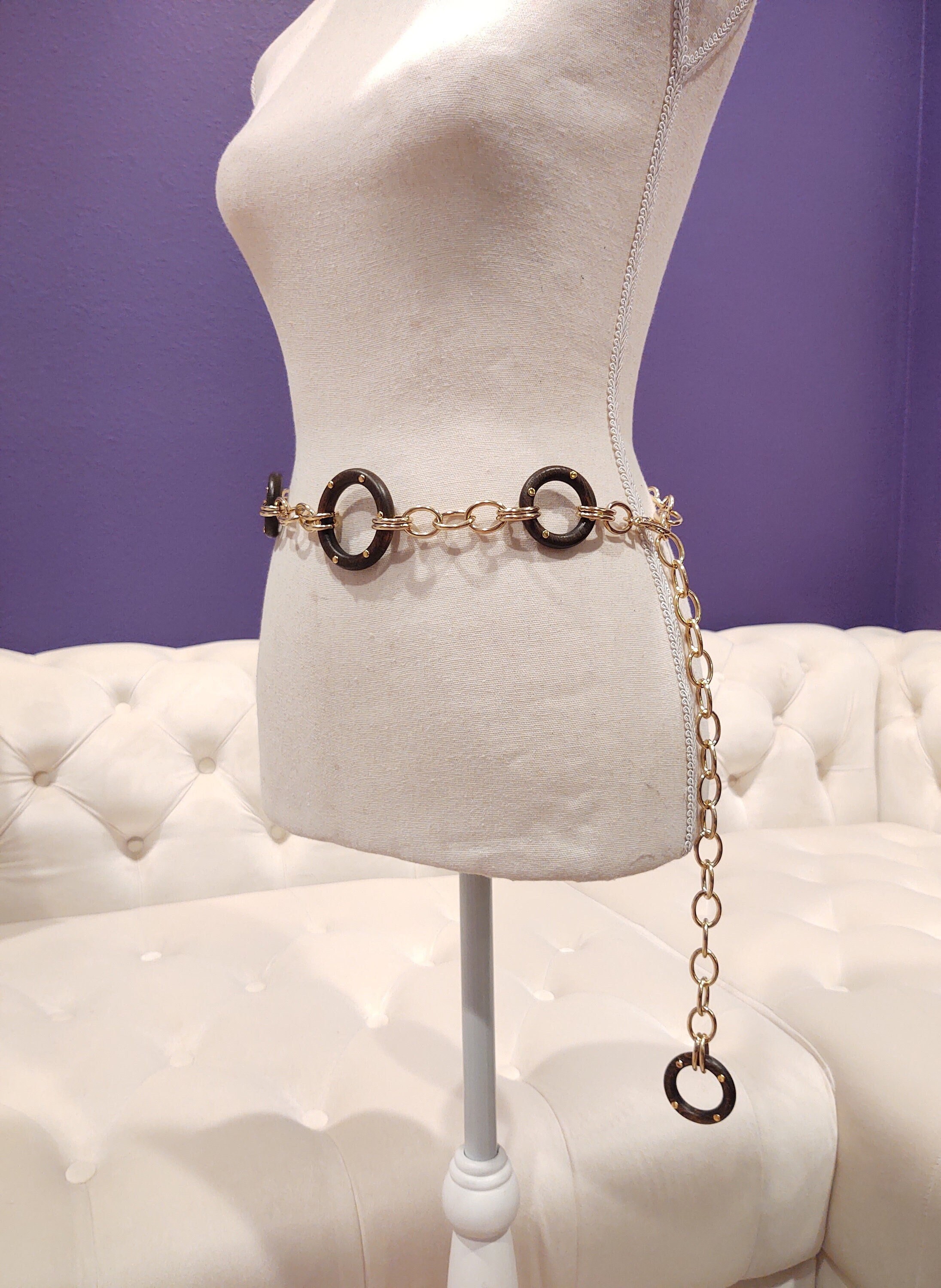 Boho Wood Accent Belt Waist Chain Gold Tone Adjustable – B14 