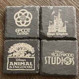 Four (4) Slate Coaster Set, Engraved Slate Coasters, Disney, Custom Gift Set