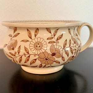 Vintage Ironstone Chamber Pot with Brown Floral Design