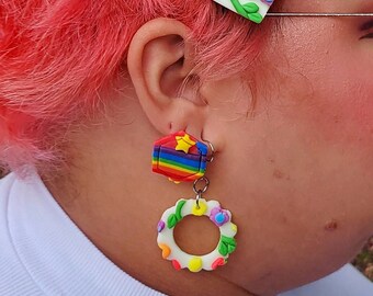 bright pink hexagon rainbow earrings