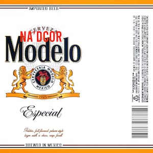 May include: A white label with the text "Cerveza Modelo" in black and red lettering. The label also features a crest with two golden lions and the text "Especial" in cursive.
