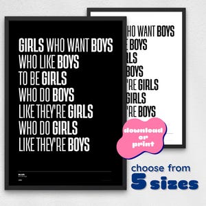 GIRLS AND BOYS / Song Lyric Poster / Download or Print / Blur / Fan Gift / Words / Britpop/ Minimal / Black / White / Clean / Typographic