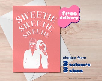 May include: A greeting card with a coral background and the word "SWEETIE" repeated three times in white. Two stylized figures in sunglasses are below the text. A pink bubble with "free delivery" is on the right.