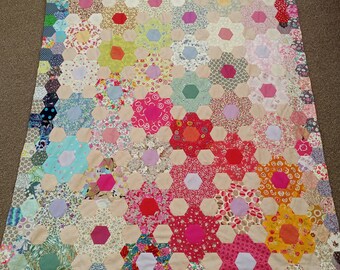 Patchwork bedspread - multi coloured - hexagons English Paper Piecing