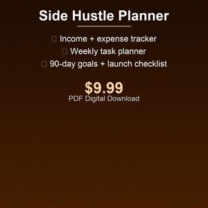 Puede incluir: Un planificador digital Side Hustle de color marrón oscuro que incluye un rastreador de ingresos y gastos, planificador de tareas semanal, objetivos de 90 días y lista de lanzamiento. Texto: PDF Digital Download, Link in Bio, etsy.com/shop/PromptsHubAI.