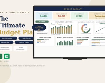 Budget Planner Spreadsheet | Monthly & Annual Budget Tracker | Excel Google Sheets | Personal Finance | Instant Download