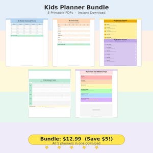 Puede incluir: Un paquete de cinco planificadores PDF imprimibles para niños, que incluye un planificador semanal de tareas, un cuadro de tareas, rutinas matutinas y nocturnas, y una página de recuerdos escolares. El paquete se titula "Kids Planner Bundle".