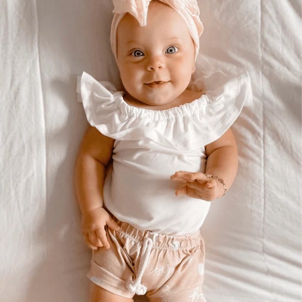 Baby Girl Crochet Ruffle Onesie & Headband – White