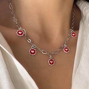 Red Heart Multi Charms Choker: Antique Silver Boho Jewelry, Minimalist layered pendant necklace