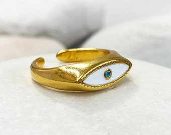 Gold Evil Eye Ring, White Evil Eye Ring, Good Luck Ring, Positivity Ring, Adjustable ring, Minimalist Ring, Stacking ring, Open back ring