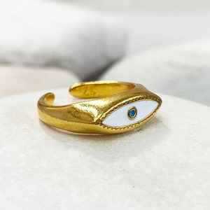 Gold Evil Eye Ring, White Evil Eye Ring, Good Luck Ring, Positivity Ring, Adjustable Minimalist Ring,  pen back ring