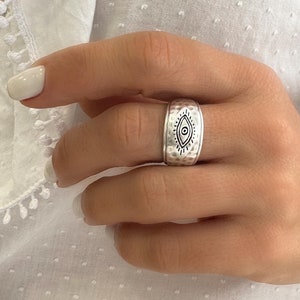 Silver Evil Eye Ring, Chunky Silver Ring, Good Luck Ring, Chevalier ring, Positivity Ring, Adjustable ring, Greek evil eye ring