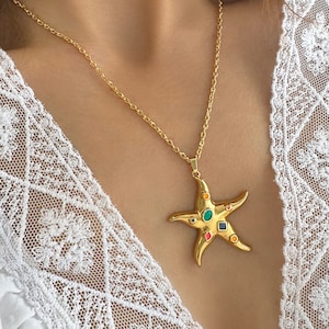 Gold Starfish necklace, Beach Statement necklace, Layered necklace, Colorful Starfish Pendant