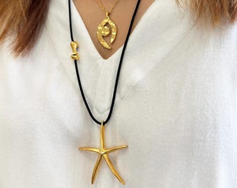 Mom And Baby Starfish Necklace With Aqua Crystals - Ocean Jewelry