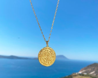 Collar Phaistos, collar de disco Phaistos, collar de moneda griega antigua, collar de medallón griego, collar de declaración, collar de moneda de oro