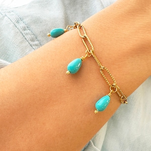 Handmade Gold Paperclip Chain Bracelet: Turquoise Gem Drop