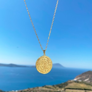 Phaistos-ketting, Phaistos-schijfketting, oude Griekse muntketting, Griekse medaillonketting, statementketting, gouden muntketting