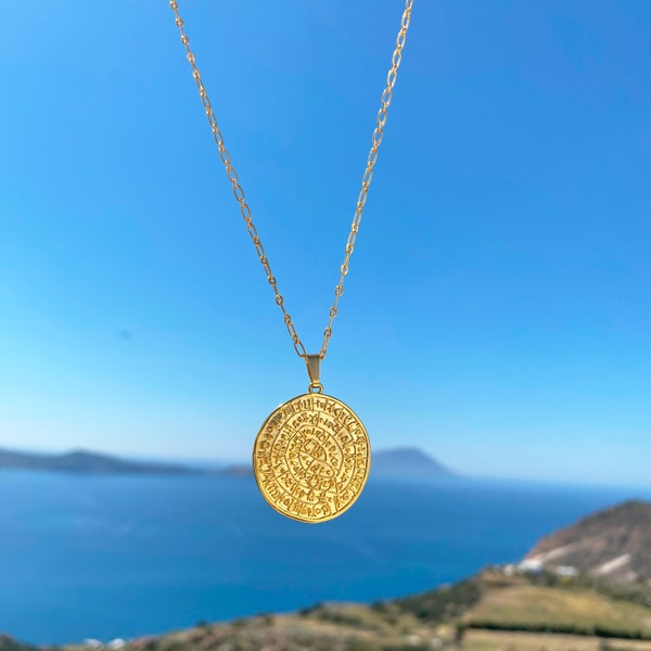 Collier de Phaistos, collier de disque de Phaistos, collier de pièce de monnaie grecque antique, collier de médaillon grec, collier de déclaration, collier de pièce d'or