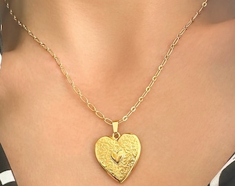 Große Gold Herz Anhänger Halskette: 24K Vergoldeter Messing Statement Schmuck, Romantische Geschenke