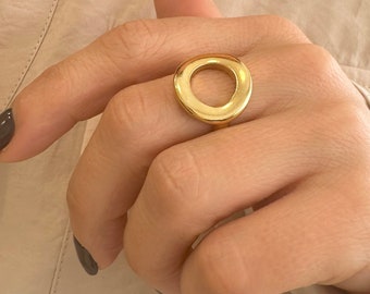 Chunky Gold Open Circle Ring: Adjustable Karma Geometric Jewelry