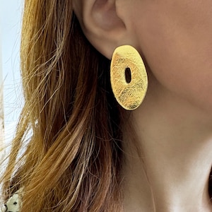 Statement Asymmetric Oval earrings, Chunky Gold bohemian Studs, Textured Geometric Jewelry