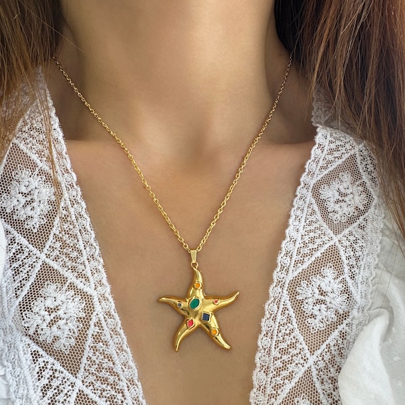 Collier Pendentif Étoile De Mer Doré Acier Inoxydable - Longueur 40-45 Cm, Neuf Sans Boîte