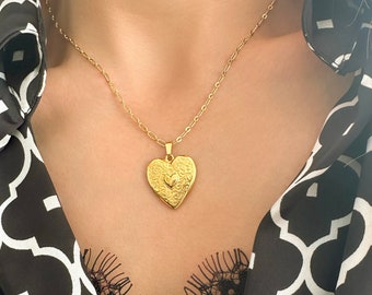 Große Gold Herz Halskette: 24K Messing vergoldet, Statement Schmuck, romantischer Anhänger