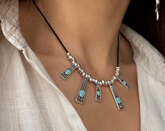 Statement Multi Charms Choker, Antique Silver Turquoise Charm Necklace, Layered Boho Jewelry, Geometric Pendants