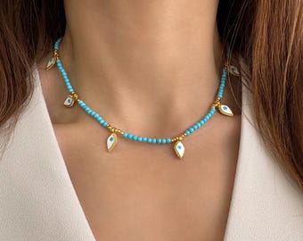 Evil Eye multi charm Choker, Turquoise Gemstone Seed Bead Necklace, Good Luck Minimalist Jewelry