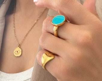 Dikke gouden ring, blauwe emaille ring, turquoise ring, hart chevalier ring, hart pink ring, eigenzinnige gouden ring, stapelring, verstelbare ring