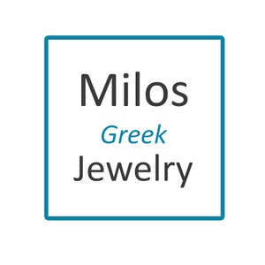 May include: A white square with a teal border features the text "Milos" in black, above "Greek" in teal, and "Jewelry" in black. The image is a logo for a jewellery brand.