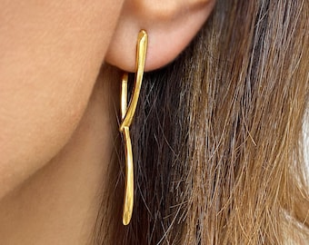 Stacking earrings, Gold Chunky Earrings, Curved gold Earrings, Chunky gold dangles, long gold studs, Asymmetrical studs, birthday gifts