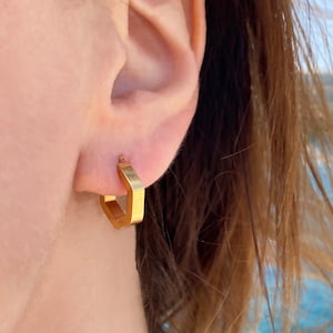 Gold Hexagon Huggie Hoop Earrings: Geometric Boho Hoops, Minimalist Huggies, Rock Style Trendy Jewelry