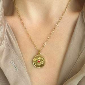 24K Gold Evil Eye Necklace: Ruby Stone Paperclip Chain