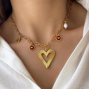 Gold Multi Charm Choker Necklace: Heart & Pearl, Handmade in Greece