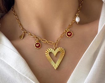 Statement Heart Necklace, Multi Charms choker, Pearl gemstone Boho Jewelry, Chunky Gold Choker