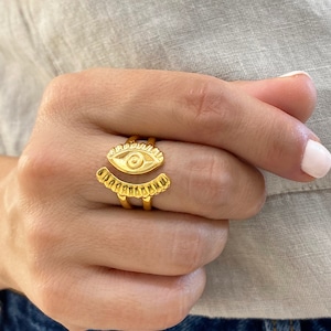 Chunky Gold Evil Eye Ring,  Good Luck Ring, Eye lashes Ring, Minimalist Greek Evil Eye Jewelry, Positivity Ring
