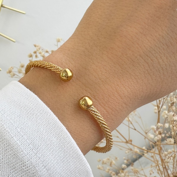 Pulseira de corda dourada, bracelete boho chique aberto e ajustável, joia de destaque banhada a ouro 24K