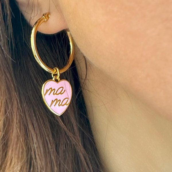 Mama earrings, Chunky gold hoops, Heart earrings, Romantic hoops, Pink heart hoops, mom gold hoops, Mom gift, Mothers Day gift, gift for mom