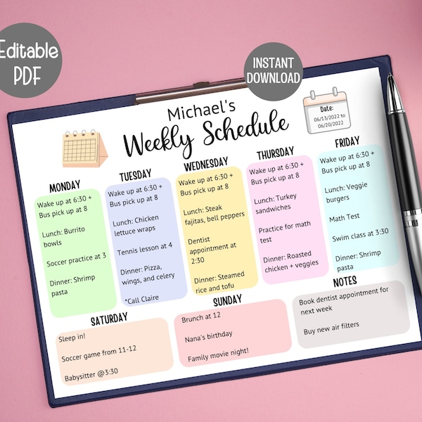 Kids Weekly Planner Printable, Editable Weekly Schedule Kids, Weekly Plan Chart, School and Activity Simple Planner, Homeschool Schedule