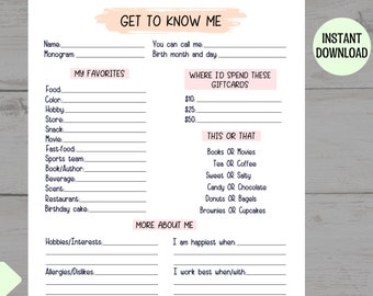 Coworker Questions Printable, All About Me Employee Questionnaire, Employee Favorites List, Employee Appreciation, Gift Exchange Team Survey
