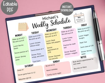 Kinder-Wochenplaner druckbarer, bearbeitbarer Wochenplan für Kinder, Wochenplan-Diagramm, einfacher Planer für Schule und Aktivität, Homeschool-Zeitplan