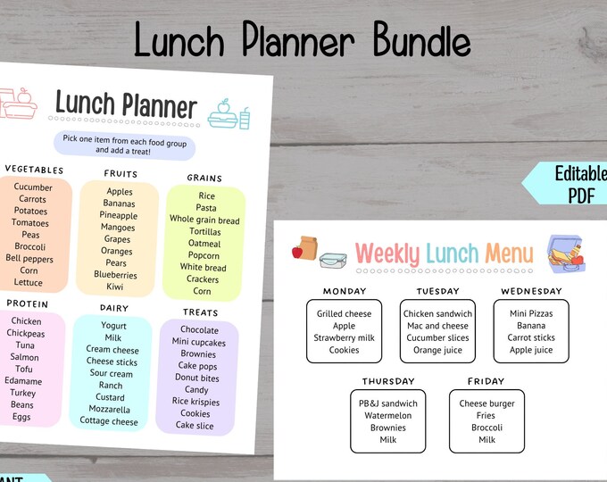 School Lunch Meal Planner Printable Editable Lunch Menu Kids - Etsy UK