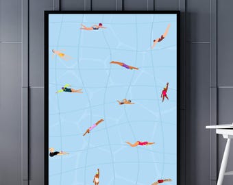 Swimming Pool Wall Art Print, Minimal Summer Scene Illustration Retro Style Decor for Beach House Dorm Living Space