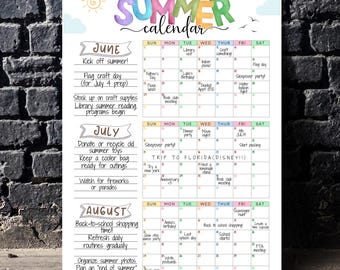 Summer Calendar Poster Printable, 2026 Summer Bucket List Activities Large Checklist Family Planner for Kids Fun Template Digital Download