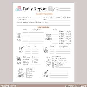 Daily Toddler Log Printable, Infant Toddler Daily Report, Nanny Log, Baby Schedule for Preschool/ Babysitter, Childcare Daycare Tracker Form