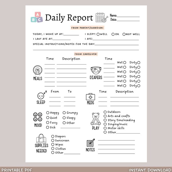 Dagelijks peuterlogboek afdrukbaar, dagelijks rapport voor babypeuters, oppaslogboek, babyschema voor kleuterschool / oppas, kinderopvangdagboektrackerformulier