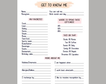 Coworker Questions Printable, All About Me Employee Questionnaire, Employee Favorites List, Employee Appreciation, Gift Exchange Team Survey